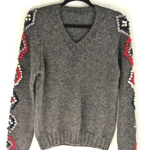 HANDKNIT Grey Sweater with Diamond Pattern Sleeves S/M